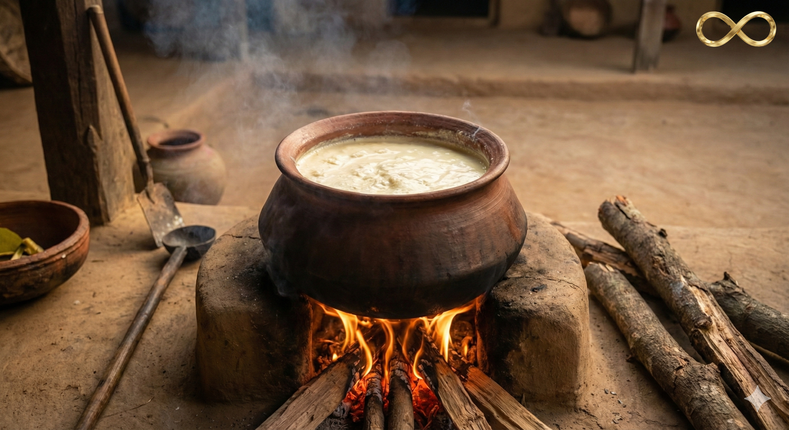 Boiling milk in earthen pot over wood fire